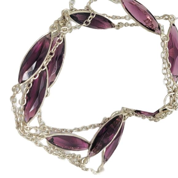 Silver-Tone Amethyst Color Purple Glass Marquise Cut Bezel Set Necklace 40" - Picture 4 of 6